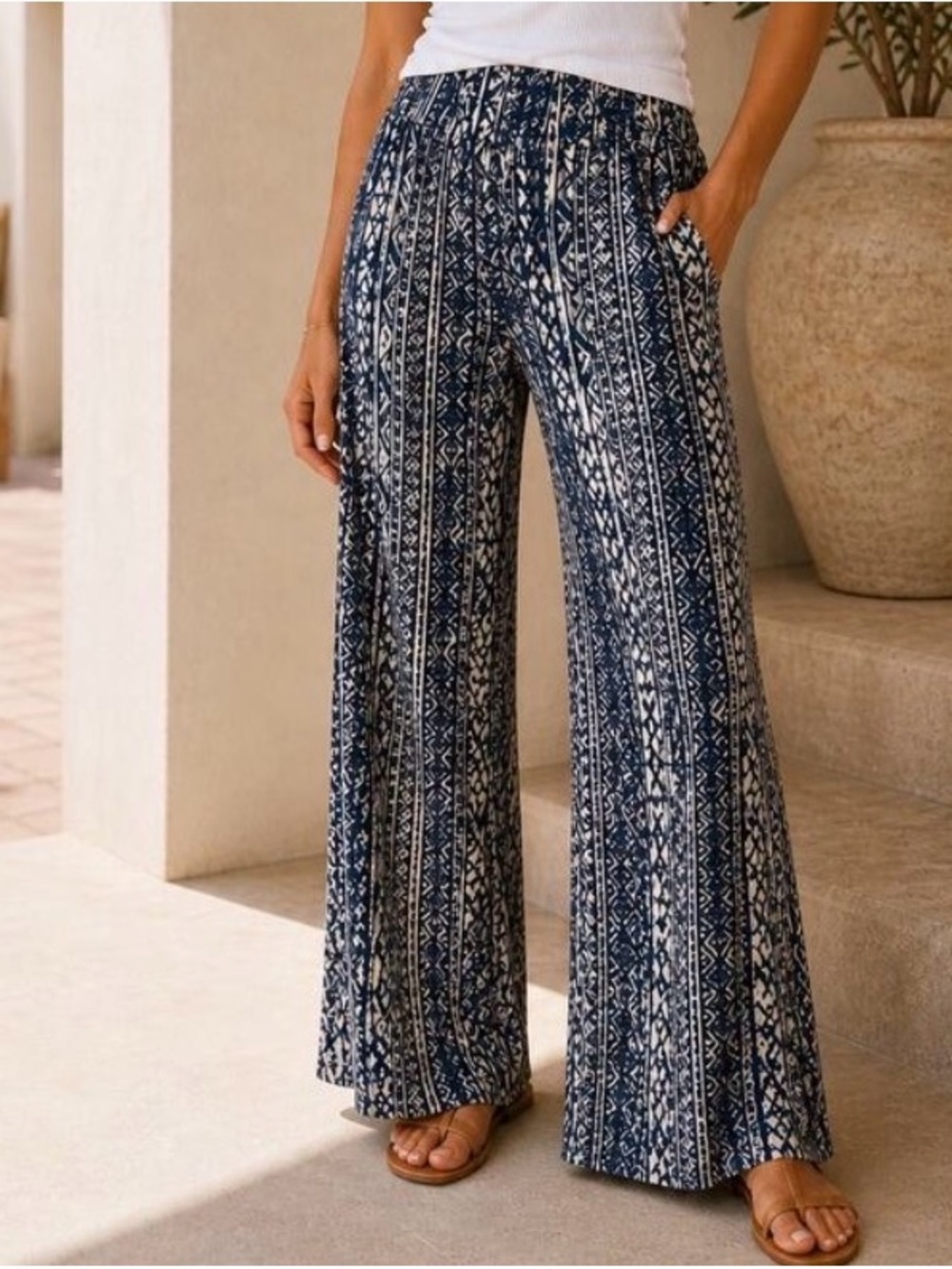 Three Dots Navy & White Wide Leg Palazzo Pants Tribal Geometric Boho Peasant L